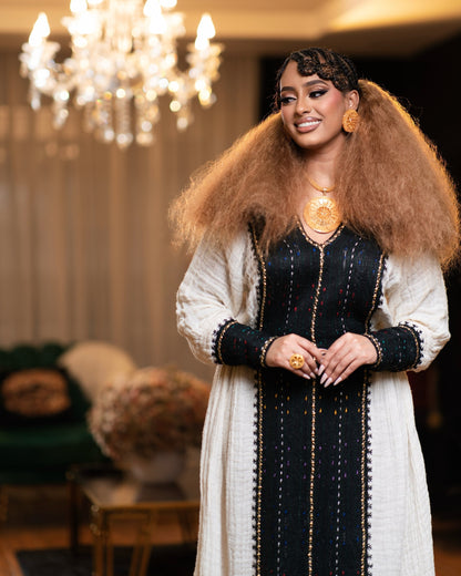 Midnight Black Panel Habesha kemis online Handcrafted Ethiopian Clothing Timeless Tirtir Habesha Dress 1136