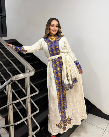 Royal Blue & Gold Mosaic habesha kemis online Handwoven habesha cloth