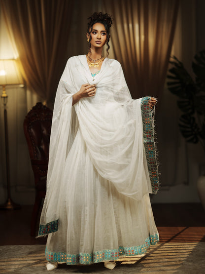 Turquoise & Coral Mosaic Ethiopian Clothing V-Neck Flutter Short Sleeve Eritrean dress Maxi Gown 1140