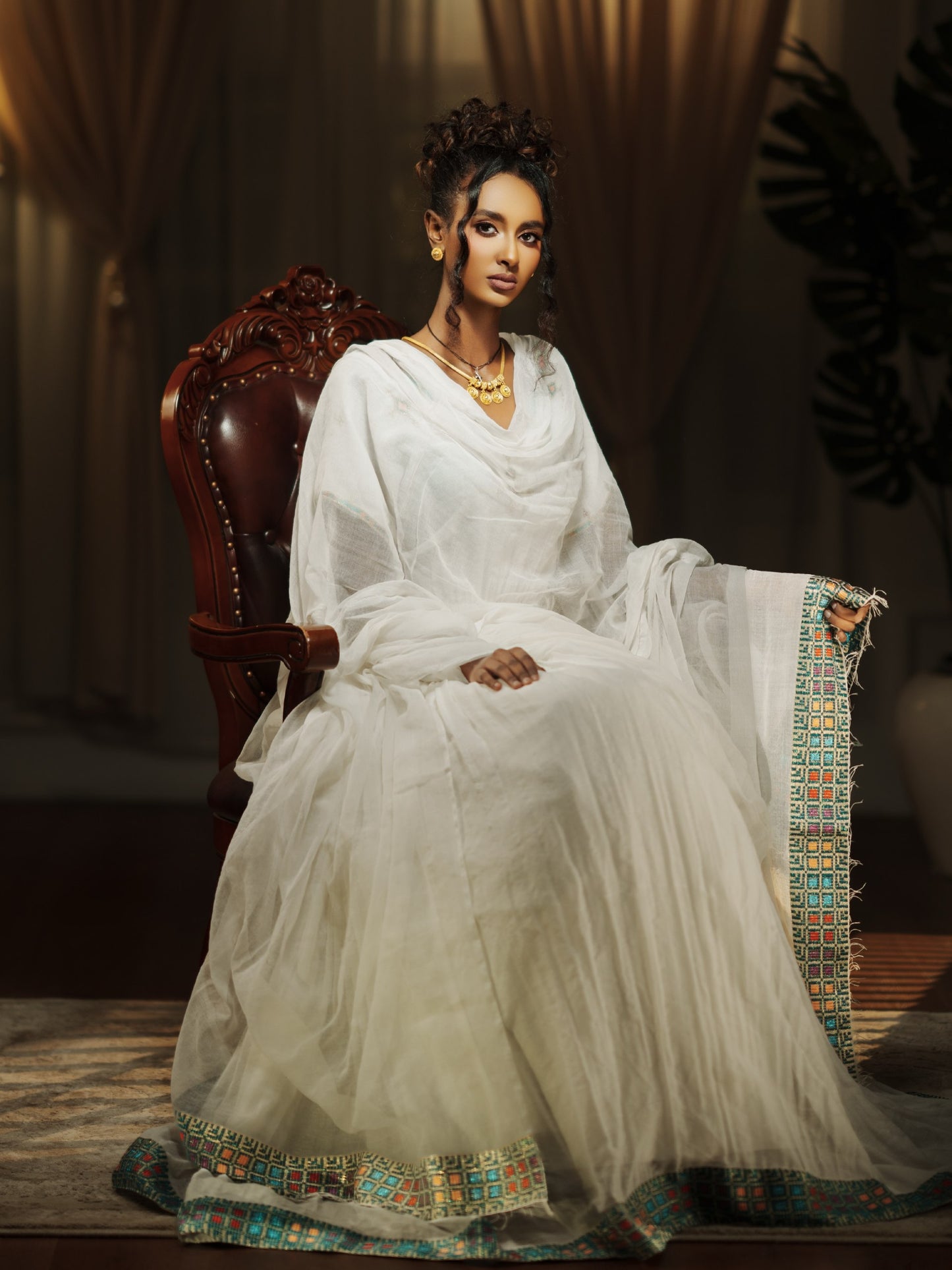 Turquoise & Coral Mosaic Ethiopian Clothing V-Neck Flutter Short Sleeve Eritrean dress Maxi Gown 1140