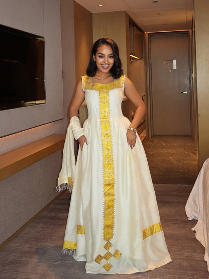 Golden Filigree Square Neck ethiopian clothing Handloomed habesha cloth
