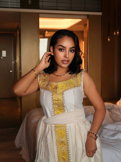 Shimmering Gold Filigree Habesha Dress Square Neck Sleeveless Habesha Kemis 1141