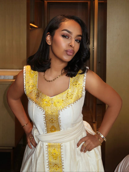 Shimmering Gold Filigree Habesha Dress Square Neck Sleeveless Habesha Kemis 1141