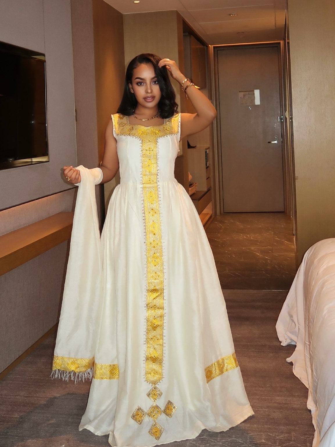Shimmering Gold Filigree Habesha Dress Square Neck Sleeveless Habesha Kemis 1141