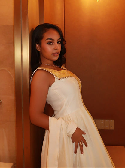 Shimmering Gold Filigree Habesha Dress Square Neck Sleeveless Habesha Kemis 1141