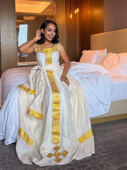 Shimmering Gold Filigree Habesha Dress Square Neck Sleeveless Habesha Kemis 1141
