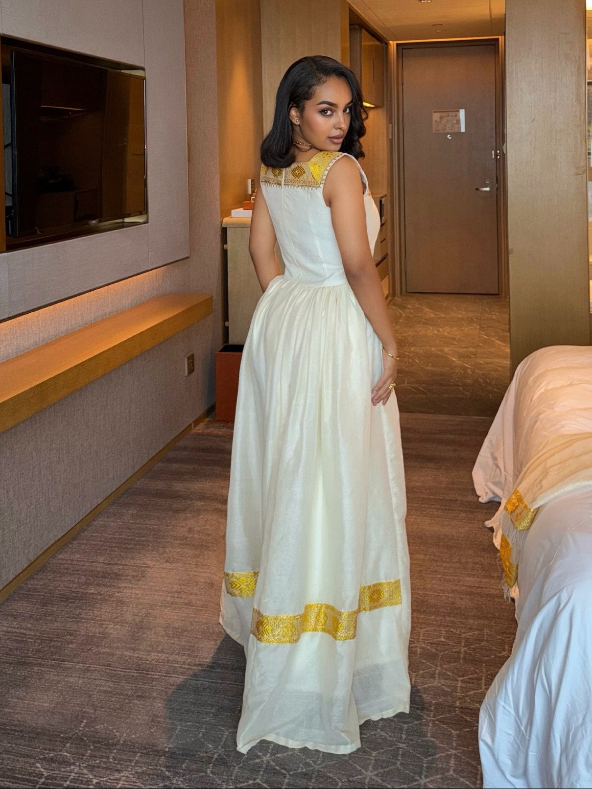 Shimmering Gold Filigree Habesha Dress Square Neck Sleeveless Habesha Kemis 1141