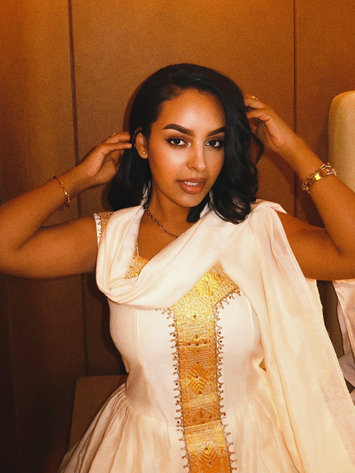 Shimmering Gold Filigree Habesha Dress Square Neck Sleeveless Habesha Kemis 1141