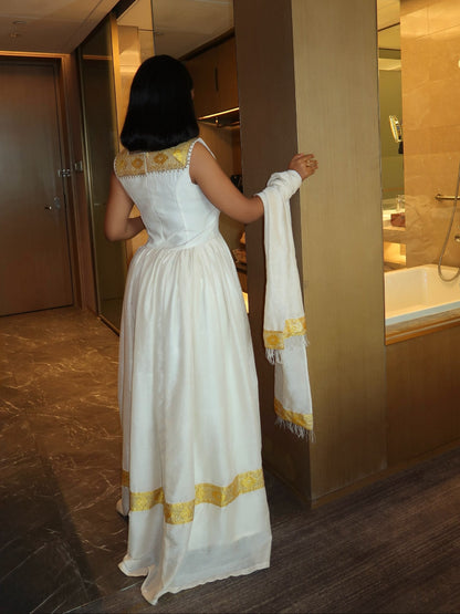 Shimmering Gold Filigree Habesha Dress Square Neck Sleeveless Habesha Kemis 1141