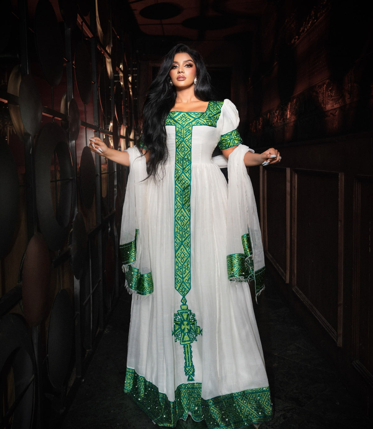 Emerald Green & Gold Cross Embroidery Habesha Dress Square Neck Short Sleeve Ethiopian Clothing with Netela 1145