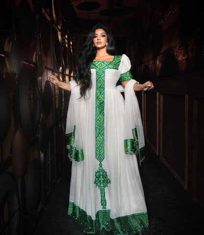 Emerald Green & Gold Cross Embroidery Habesha Dress Square Neck Short Sleeve Ethiopian Clothing with Netela 1145