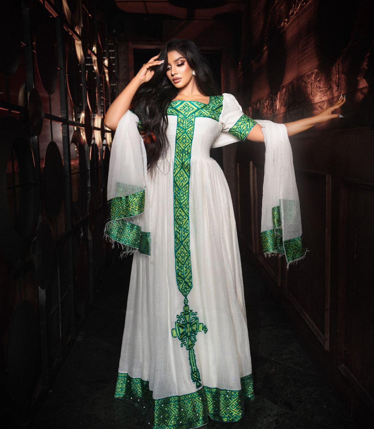 Emerald Green & Gold Cross Embroidery Habesha Dress Square Neck Short Sleeve Ethiopian Clothing with Netela 1145
