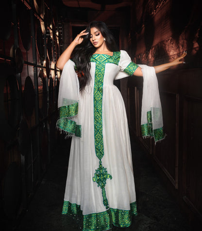 Emerald Green & Gold Cross Embroidery Habesha Dress Square Neck Short Sleeve Ethiopian Clothing with Netela 1145