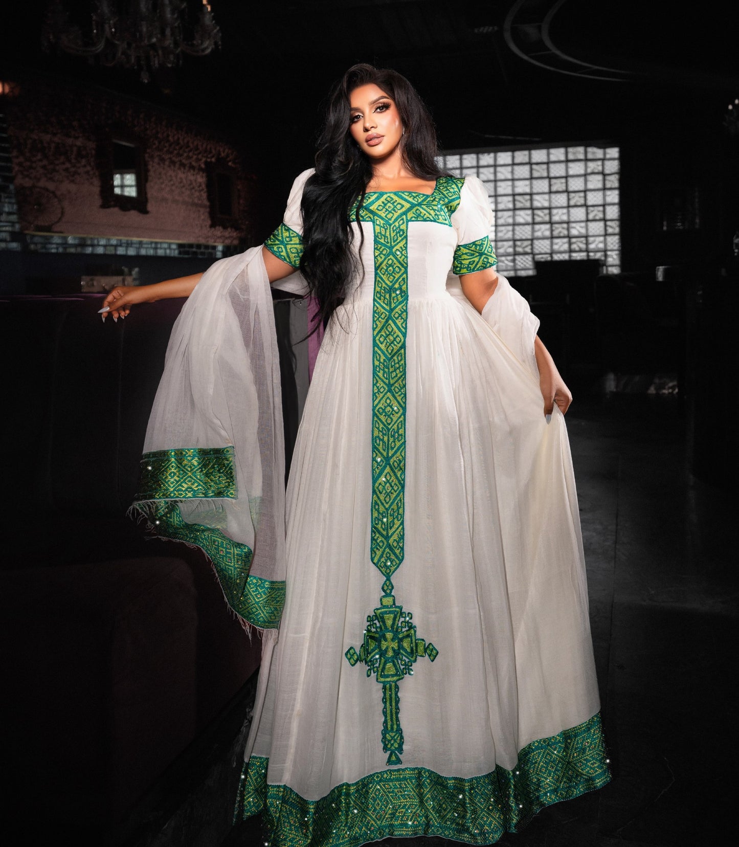 Emerald Green & Gold Cross Embroidery Habesha Dress Square Neck Short Sleeve Ethiopian Clothing with Netela 1145