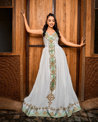 Mint Green & Gold Diamond Ethiopian Clothing Cross Embroidery Habesha dress Ballgown 1142