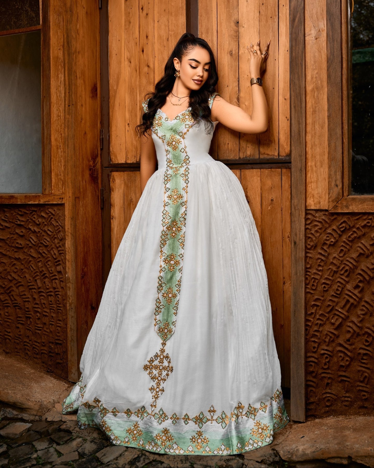 Mint Green & Gold Diamond Ethiopian Clothing Cross Embroidery Habesha dress Ballgown 1142