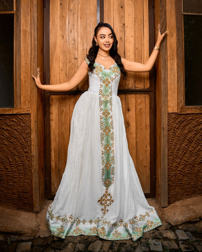 Mint Green & Gold Cross ethiopian clothing Woven habesha cloth
