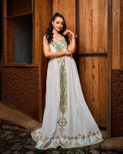 Mint Green & Gold Diamond Ethiopian Clothing Cross Embroidery Habesha dress Ballgown 1142