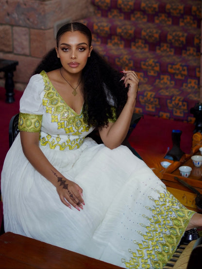 Lime Green & Gold Diamond Habesha Kemis Short Sleeve V-Neck Habesha  dress Timeless 1143