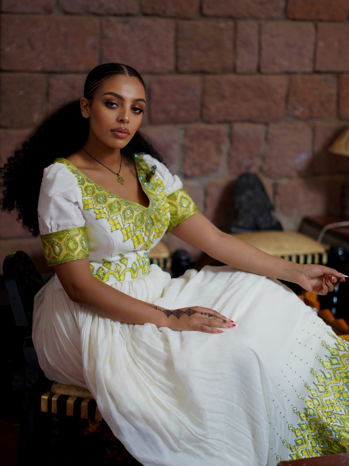 Lime Green & Gold Diamond Habesha Kemis Short Sleeve V-Neck Habesha  dress Timeless 1143
