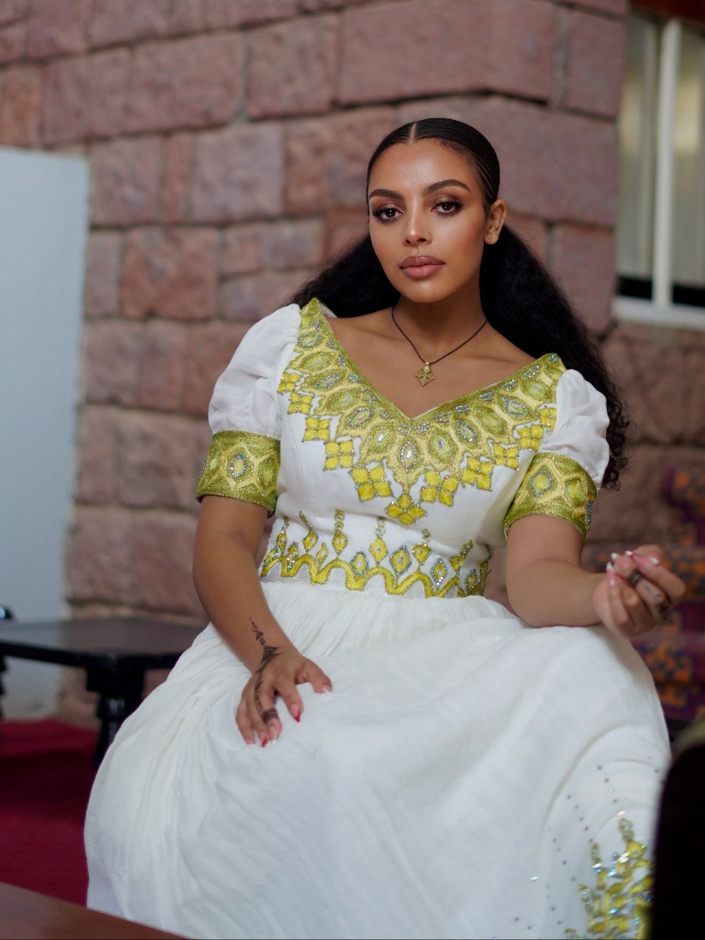 Lime Green & Gold Diamond Habesha Kemis Short Sleeve V-Neck Habesha  dress Timeless 1143