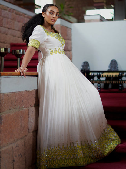Lime Green & Gold Cross ethiopian clothing Handwoven habesha Dress