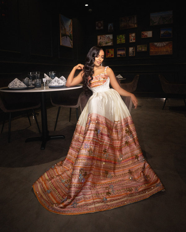 Sunset Terracotta & Gold Sequin Cutout Habesha Dress Sleeveless Ethiopian wedding dress Ballgown 1144