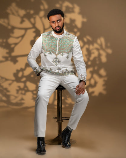 Sage Green & Gold Habesha Men Shirt  Premium Ethiopian Mens Clothes
