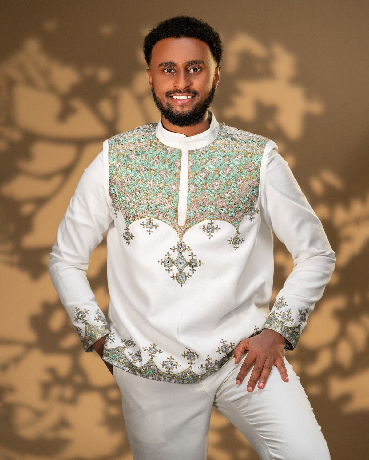 Sage Green & Gold Filigree Embroidered Yoke Ethiopian Men Shirt And Pants Long Sleeve Tunic Set 1146