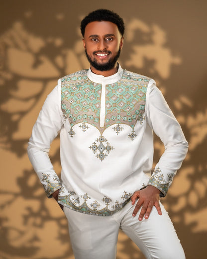 Sage Green & Gold Filigree Embroidered Yoke Ethiopian Men Shirt And Pants Long Sleeve Tunic Set 1146