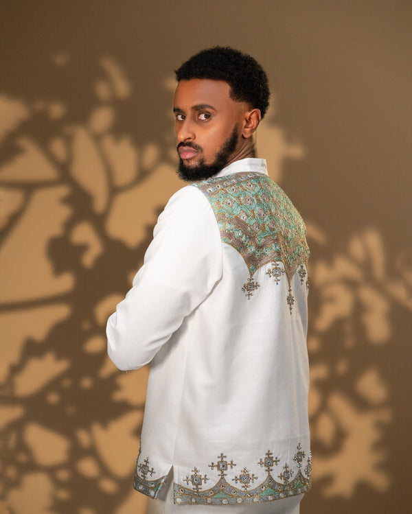 Sage Green & Gold Filigree Embroidered Yoke Ethiopian Men Shirt And Pants Long Sleeve Tunic Set 1146