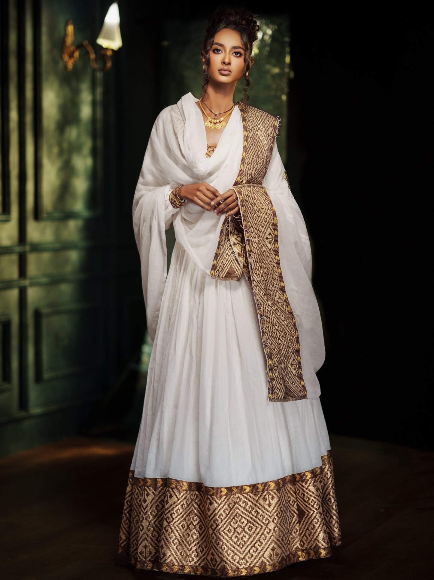 Antique Gold Brocade Ethiopian Clothing Square Neck Habesha kemis Woven Habesha Dress 1147