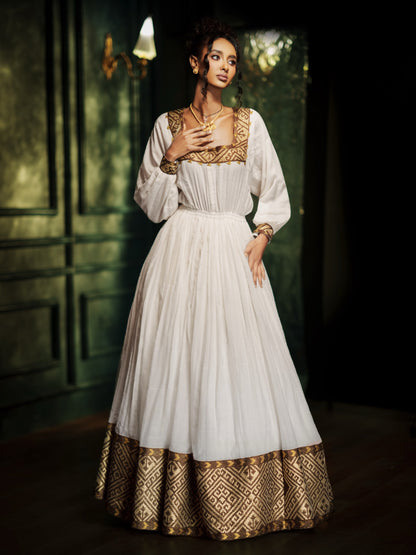 Antique Gold Brocade Square Neck Long Sleeve Eritrean dress Maxi Gown