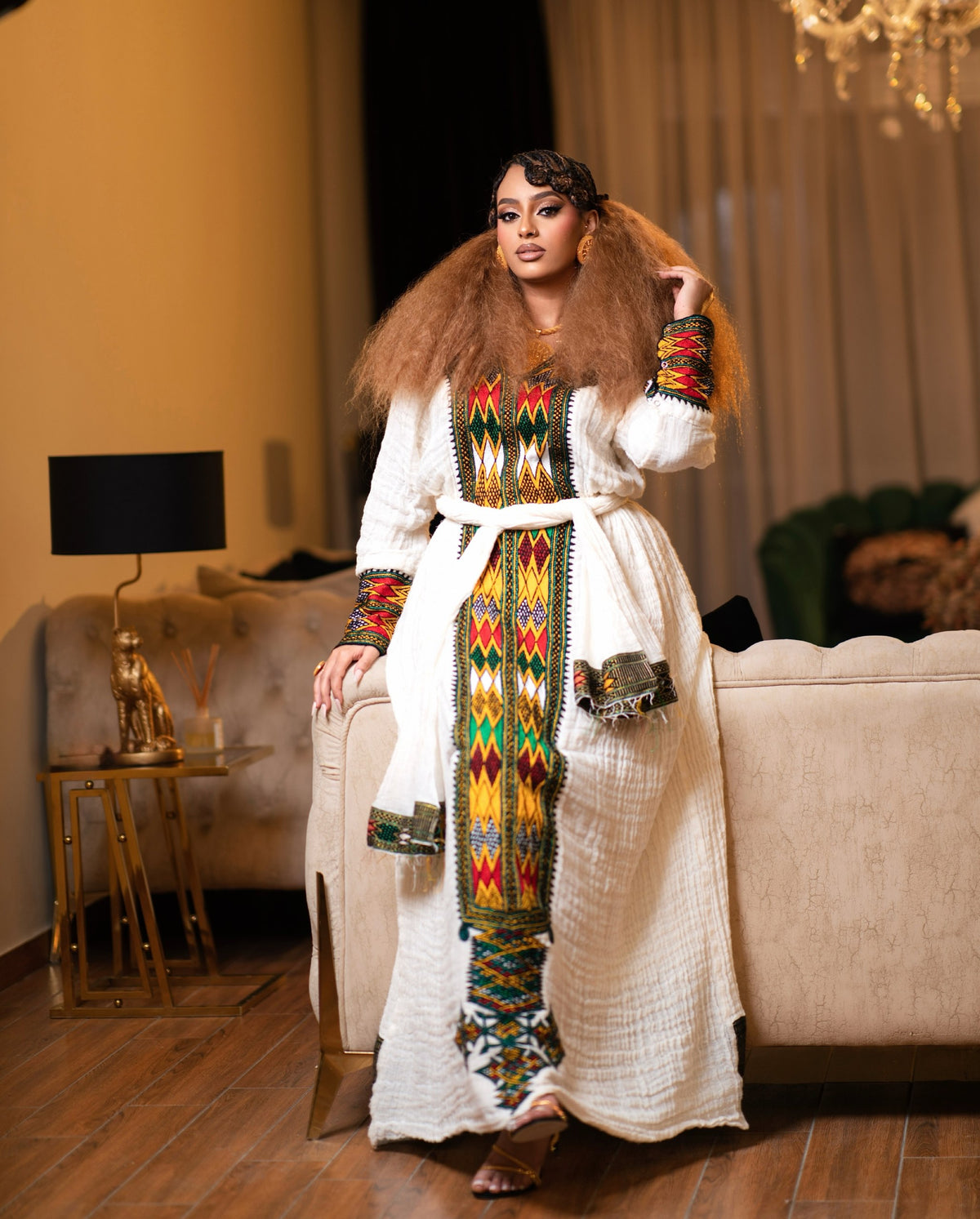 Tri-Color Green Red & Gold Geometric Habesha Kemis Tilf Panel Eritrean dress Long Sleeve Gown 1148