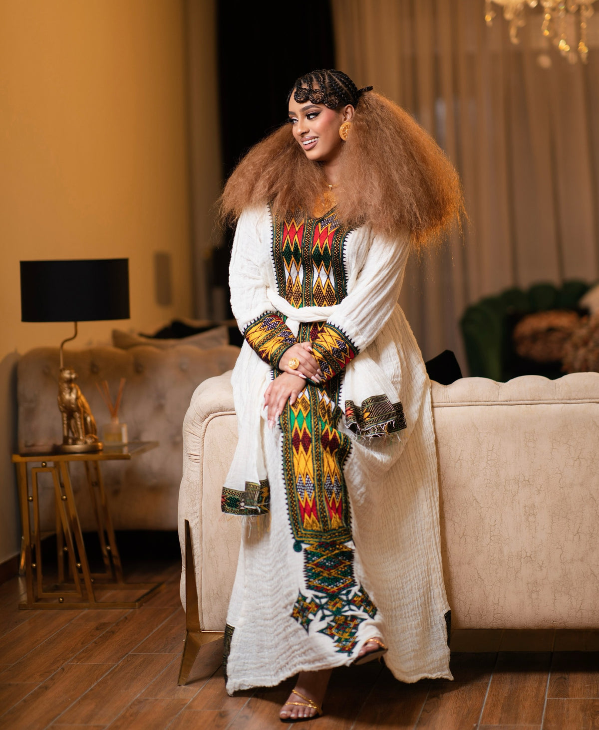 Tri-Color Green Red & Gold Geometric Habesha Kemis Tilf Panel Eritrean dress Long Sleeve Gown 1148