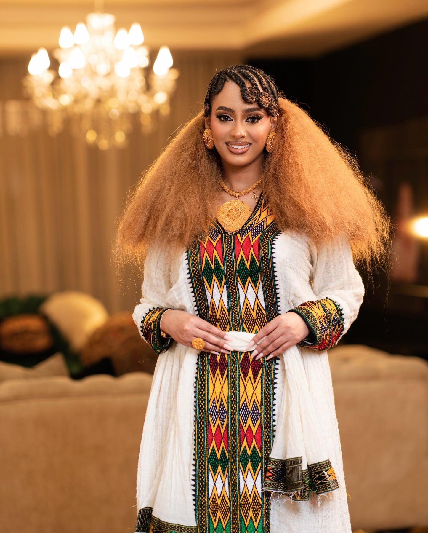 Tri-Color Green Red & Gold Geometric Habesha Kemis Tilf Panel Eritrean dress Long Sleeve Gown 1148
