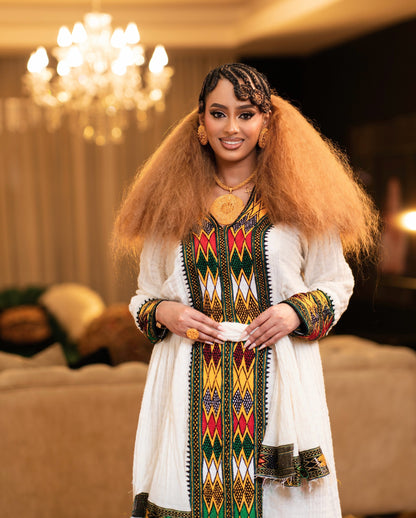 Tri-Color Green Red & Gold Geometric Habesha Kemis Tilf Panel Eritrean dress Long Sleeve Gown 1148