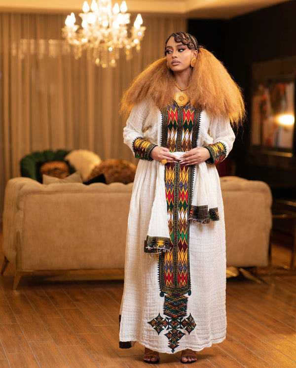 Vibrant Tri-Color Tilf habesha kemis online Artisanal habesha cloth