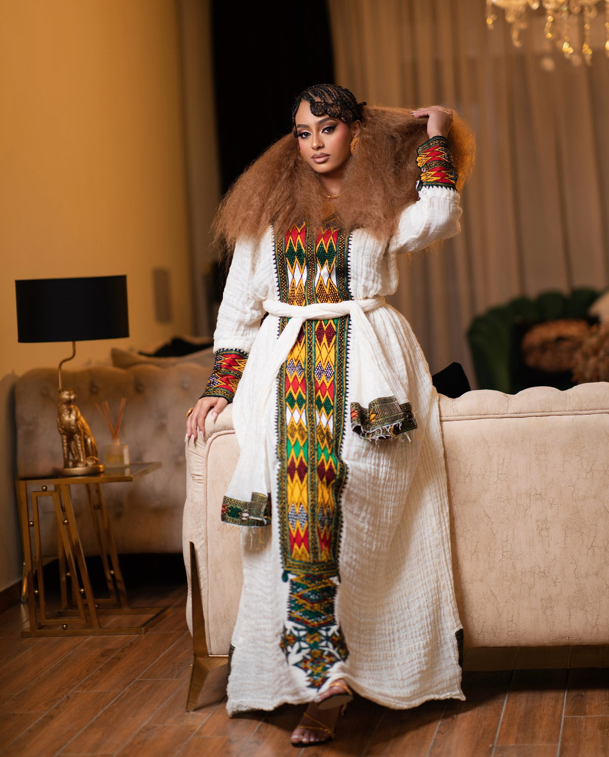 Tri-Color Green Red & Gold Geometric Habesha Kemis Tilf Panel Eritrean dress Long Sleeve Gown 1148