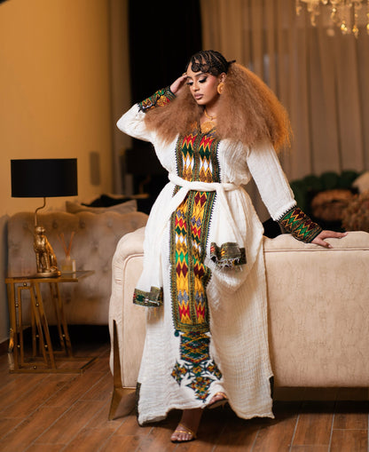 Tri-Color Green Red & Gold Geometric Habesha Kemis Tilf Panel Eritrean dress Long Sleeve Gown 1148