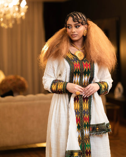 Tri-Color Green Red & Gold Geometric Habesha Kemis Tilf Panel Eritrean dress Long Sleeve Gown 1148