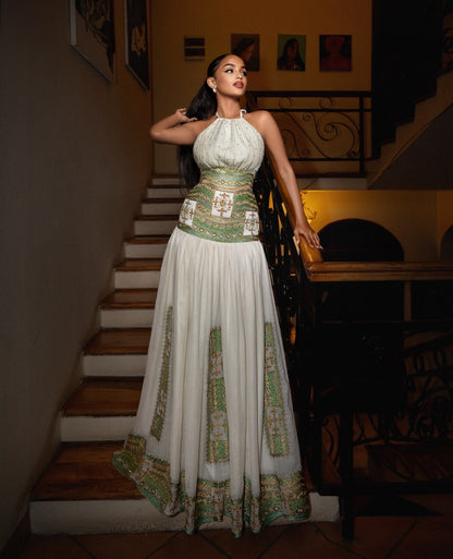Sage Green & Gold Filigree Corset Waist Habesha Kemis Modern style Ethiopian Dress For Special Occasion 1149