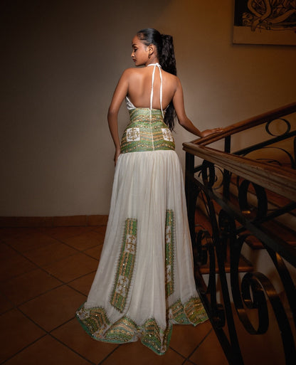 Sage Green & Gold Filigree Corset Waist Habesha Kemis Modern style Ethiopian Dress For Special Occasion 1149