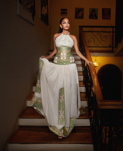 Sage Green & Gold Filigree Corset Waist Habesha Kemis Modern style Ethiopian Dress For Special Occasion 1149