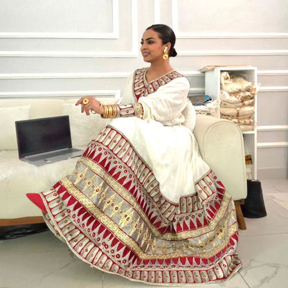 Crimson Red & Metallic Silver Habesha Dress V-Neck Long Sleeve Traditional Ethiopian Clothing 1150
