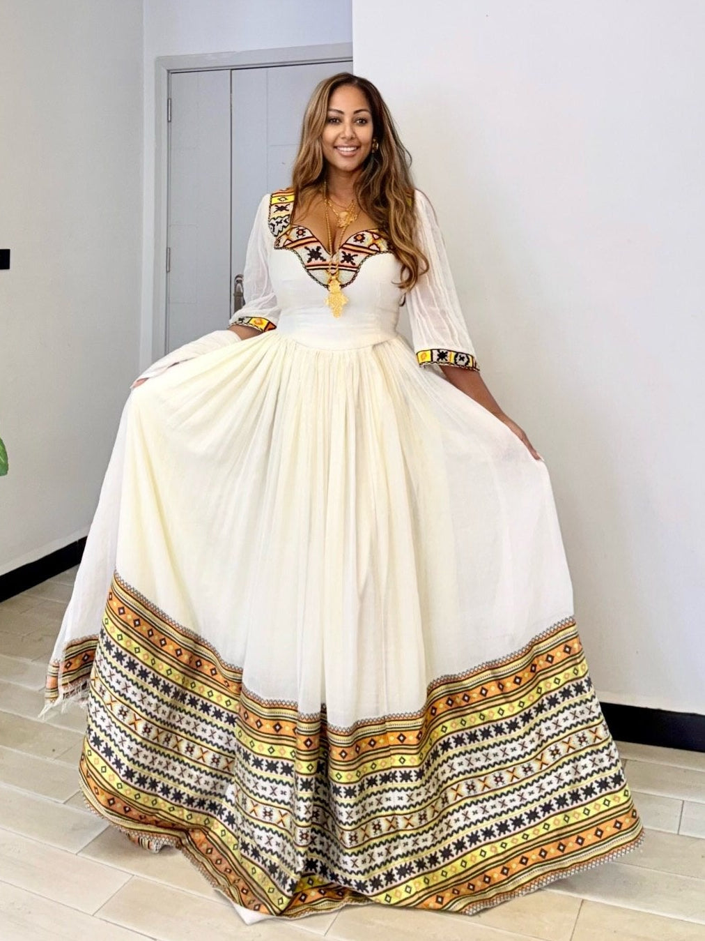 Ocher Yellow Diamond Yoke habesha kemis online Woven habesha cloth