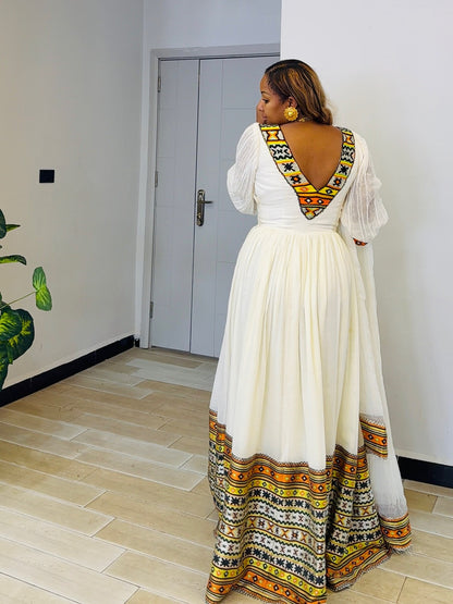 Ocher Yellow & Black Diamond Geometric Habesha Dress Square Neck Habesha Kemis Stylish Ethiopian Dress 1151