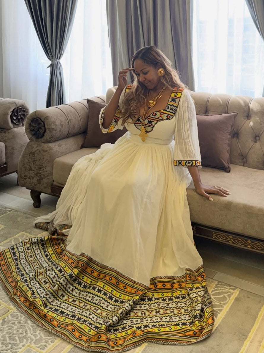 Ocher Yellow & Black Diamond Geometric Habesha Dress Square Neck Habesha Kemis Stylish Ethiopian Dress 1151