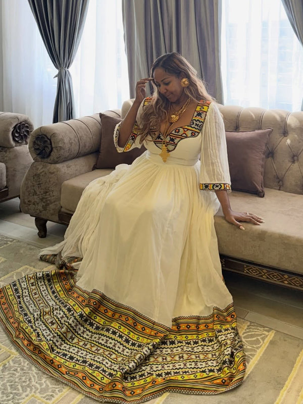 Ocher Yellow & Black Diamond Geometric Habesha Dress Square Neck Habesha Kemis Stylish Ethiopian Dress 1151