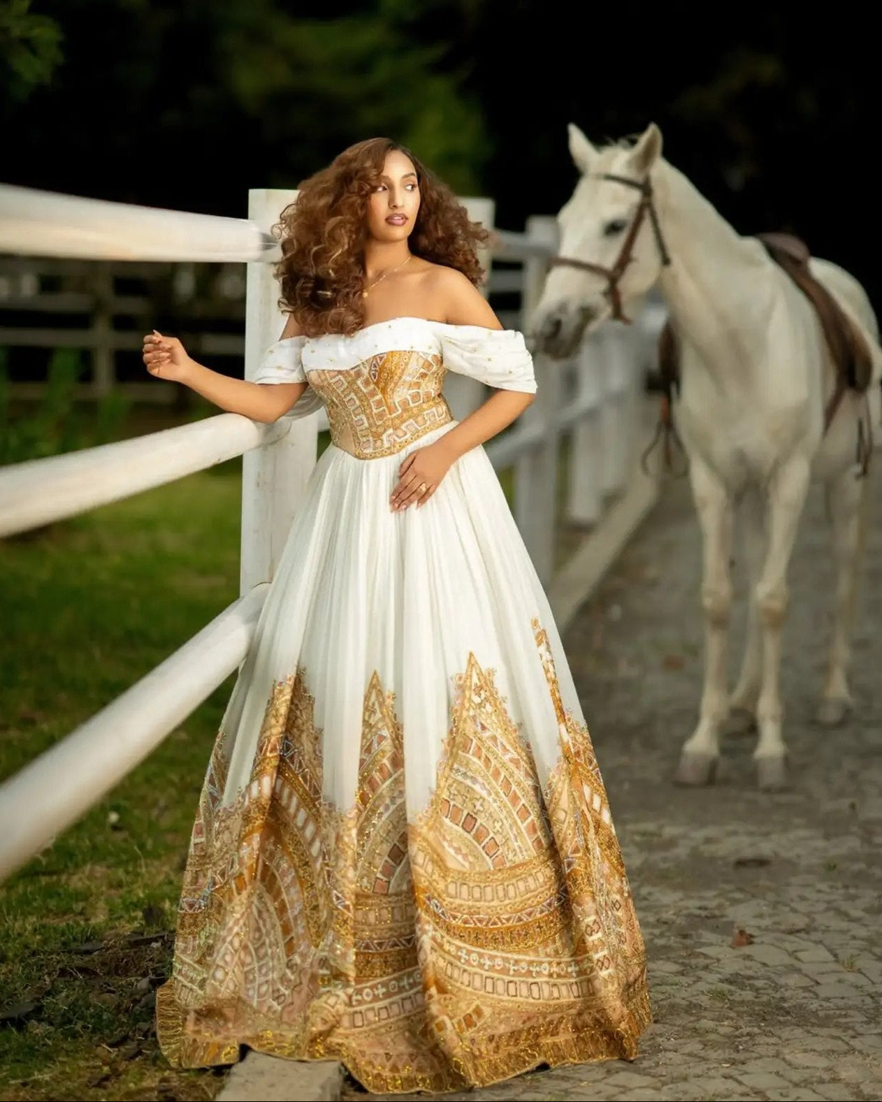 Off-the-Shoulder Habesha Dress Gold Filigree Corset Bodice Traditional Ethiopian Wedding dress Ballgown 1152